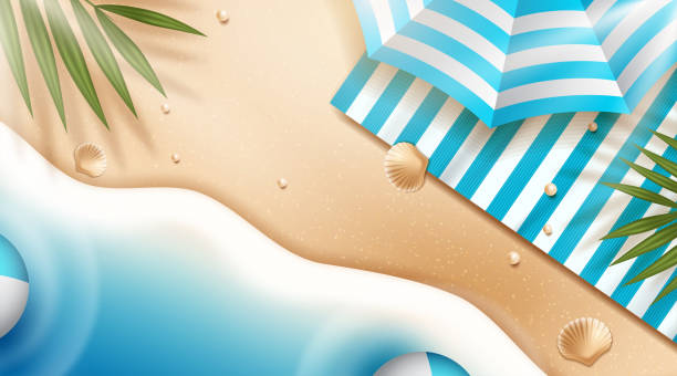 istock Relax summer beach scene with blanket and palm leaves in 3d illustration. Vector illustration 1199628756