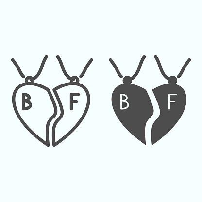 Pendant best friends line and solid icon. Broken heart necklace vector illustration isolated on white. Pendant for friends or lovers outline style design, designed for web and app. Eps 10