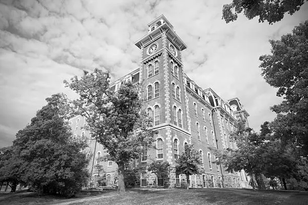 The Old Main clock tower - oldest building on the University of Arkansas campus