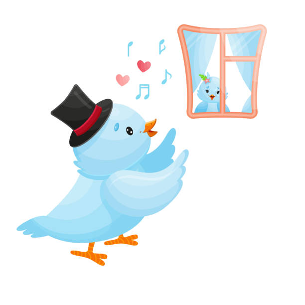 ilustrações de stock, clip art, desenhos animados e ícones de singing blue bird boy in a tall hat with love song. vector illustration. - birdsong bird singing tall