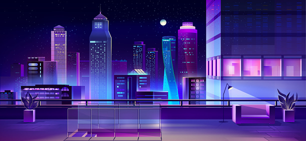 Modern megapolis at night. Illuminated cityscape view from skyscraper roof. Bright glowing neon buildings. Urban background, town architecture, residential construction. Cartoon vector illustration.