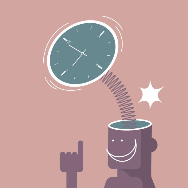 ilustrações de stock, clip art, desenhos animados e ícones de brainstorming design, clock pops out of brain. isolated on brown background. - clock face clock deadline human hand