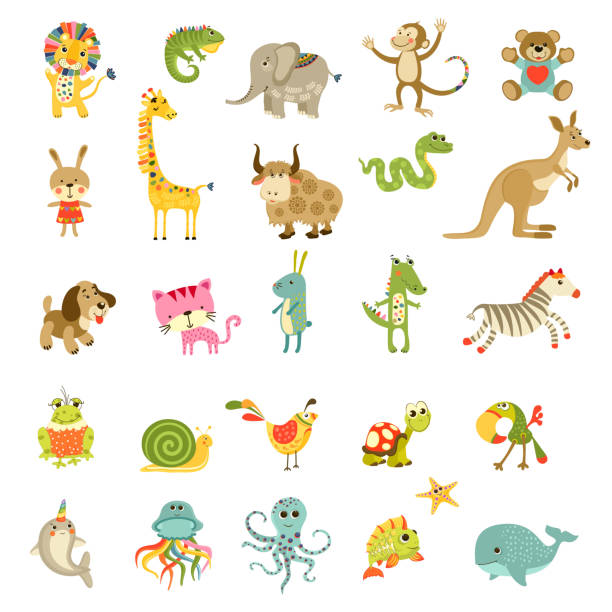 zestaw kreskówek wektorowych. urocza kolekcja odizolowanych zwierząt. - animal animal themes tropical rainforest cartoon stock illustrations