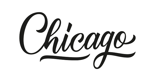 Chicago handwritten inscription. Chicago city name hand drawn lettering isolated on white background. Calligraphic element for your design. Vector illustration.