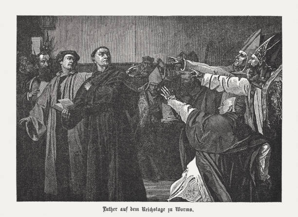 Luther at the Diet of Worms (1521), woodcut, published 1883 Martin Luther at the Diet of Worms in 1521. Wood engraving after a painting (1878, detail) by Emile Delperée (Belgian painter, 1850 - 1896), published in 1883. impeachment stock illustrations