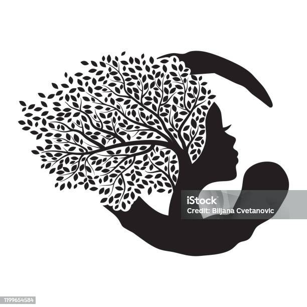 Vetores de Árvore Zen Com Rosto Feminino e mais imagens de Plena consciência - Plena consciência, Árvore, Cor Preta