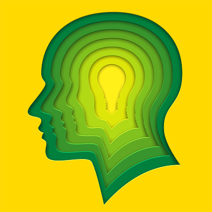 Lightbulb within human profile shape. Deep paper layered cut out art in origami style. Vector illustration of creative thinking, concept of innovation idea for cards, posters, flyers, stickers.
