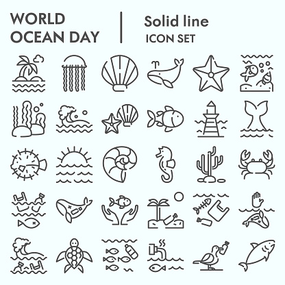 World ocean day line icon set, water world collection, vector sketches, logo illustrations, computer web signs linear pictograms package isolated on white background, eps 10