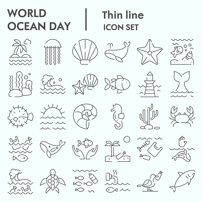 World ocean day thin line icon set, water world collection, vector sketches, logo illustrations, computer web signs linear pictograms package isolated on white background, eps 10