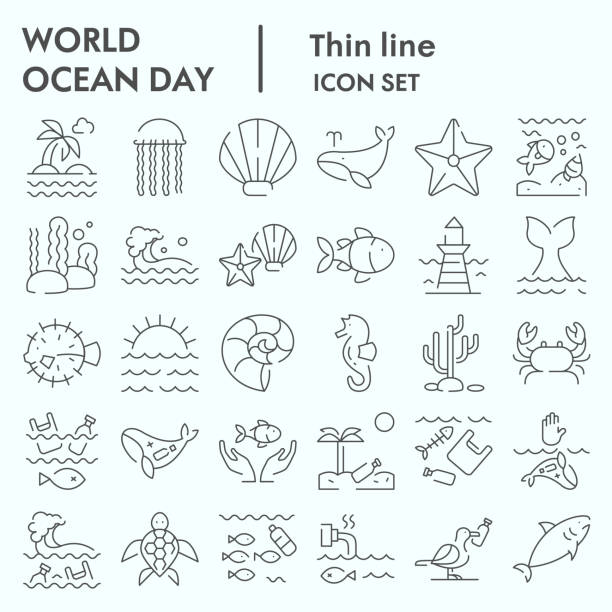 World ocean day thin line icon set, water world collection, vector sketches, logo illustrations, computer web signs linear pictograms package isolated on white background, eps 10. World ocean day thin line icon set, water world collection, vector sketches, logo illustrations, computer web signs linear pictograms package isolated on white background, eps 10 trash illustrations stock illustrations