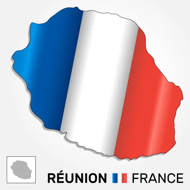 Vector illustration of Map of french overseas region Reunion combined with waving french national flag - Vector