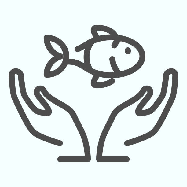 Fish with hand care line icon. Ecological environment fish protection illustration isolated on white. Save the Sea logo outline style design, designed for web and app. Eps 10. Fish with hand care line icon. Ecological environment fish protection illustration isolated on white. Save the Sea logo outline style design, designed for web and app. Eps 10 fish farm icon stock illustrations
