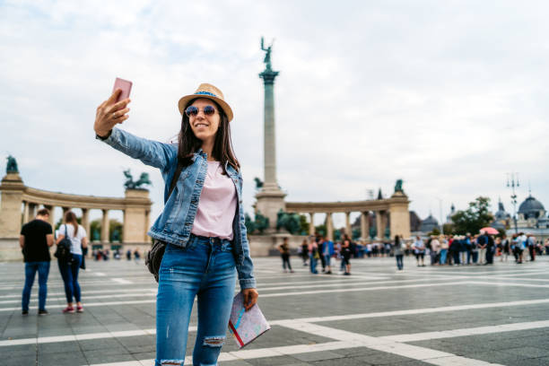 istock Young female tourist making selfies 1199660423