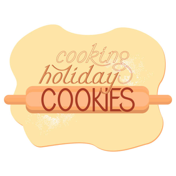 Rolled dough with a rolling pin and the inscription cooking holiday cookies Kitchen lettering. Rolled dough with a rolling pin and the inscription Cooking holiday cookies. View from above. Flat isolated vector illustration. rolling dough stock illustrations