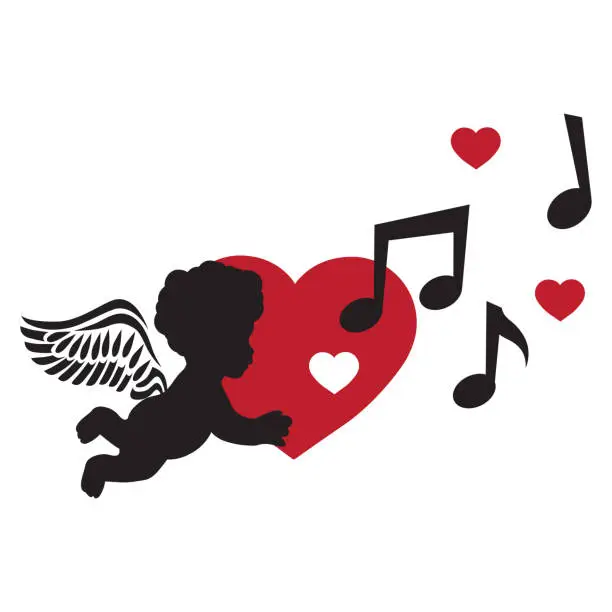 Vector illustration of cupid, hearts and musical notes