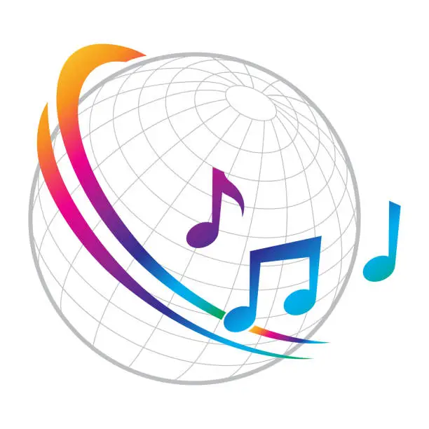 Vector illustration of colorful musical notes and globe