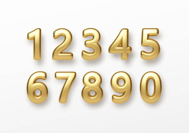 realistyczne numery liter 3d izolowane na białym tle. zestaw złotych liczb. elementy dekoracyjne do projektowania banerów, okładek, urodzin lub rocznicowych. ilustracja wektorowa - alphabet description number isolated stock illustrations