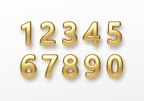 Realistic 3d lettering numbers isolated on white background. Golden numbers set. Decoration elements for banner, cover, birthday or anniversary party invitation design. Vector illustration EPS10