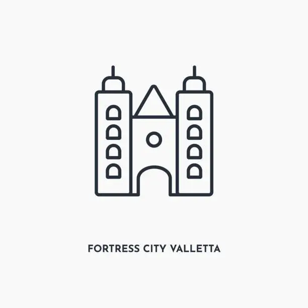 Vector illustration of fortress city valletta architecture outline icon. Simple linear element illustration. Isolated line fortress city valletta architecture icon on white background. Thin stroke sign can be used for web, mobile and UI.