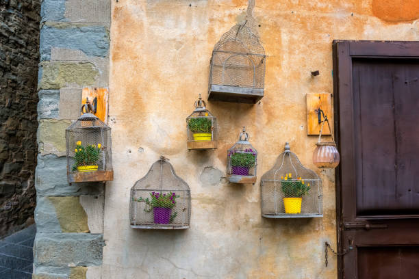 Vintage flower decoration Vintage decoration on a stone wall with flowers in empty bird cage in the old provincial Tuscany town Cortona, Italy. cortona stock pictures, royalty-free photos & images