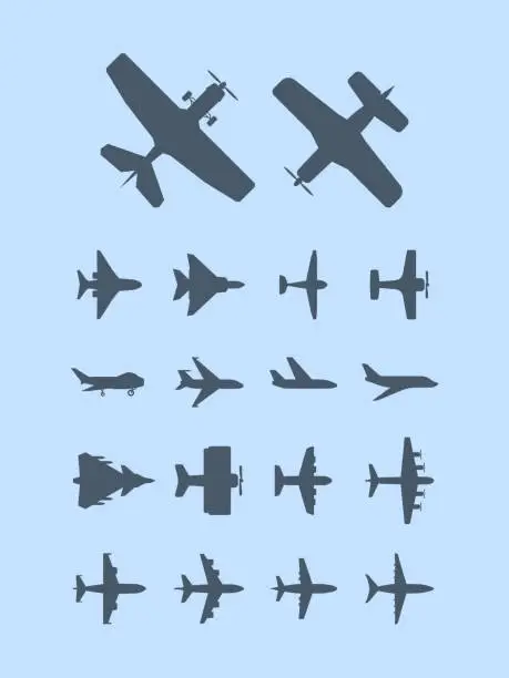 Vector illustration of Aircraft silhouettes. Plane for travellers jet transportation vector aviation icons