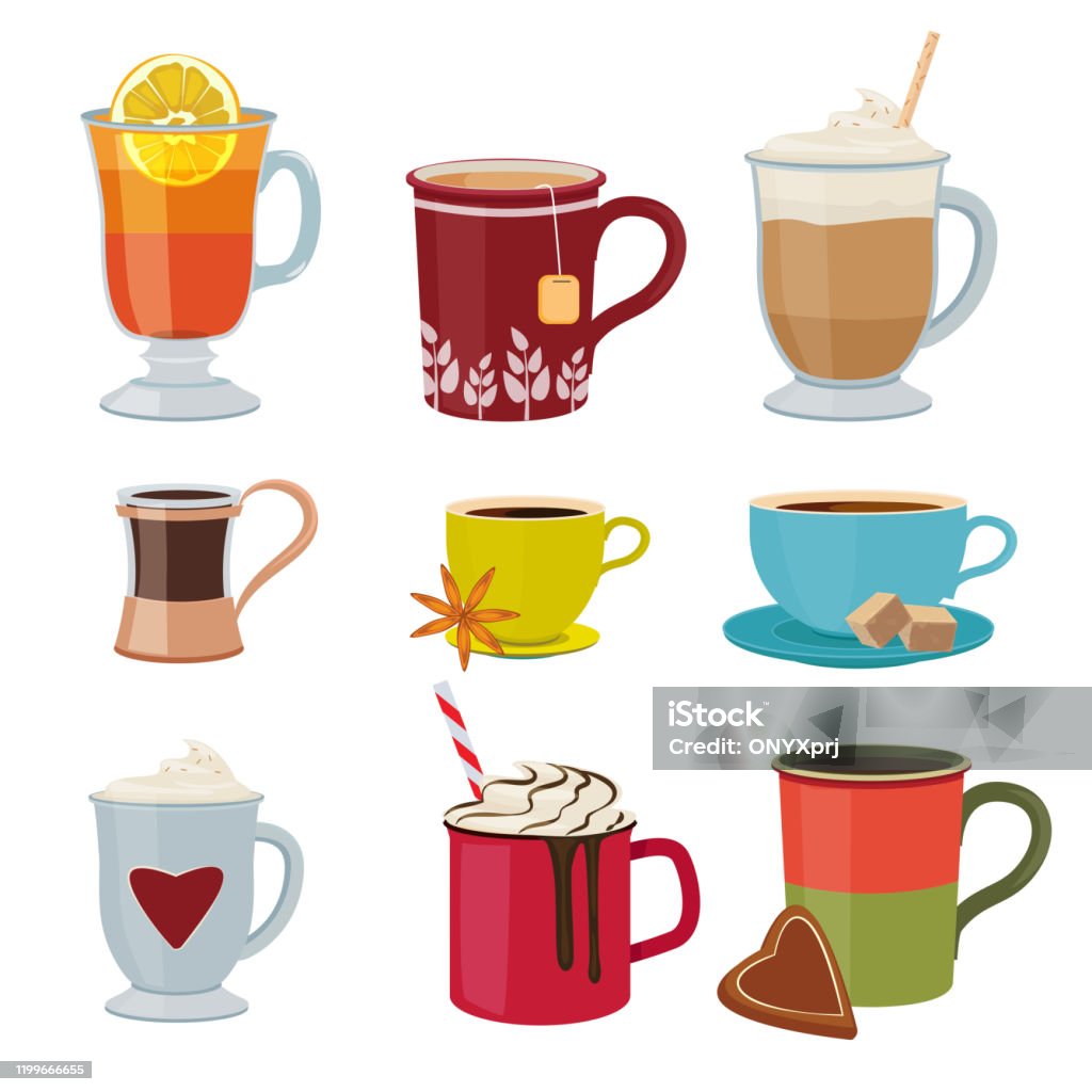 Warme dranken. Warme mokken thee koffie cacao glühwein vector collectie cartoon Foto's - Royalty-free Chocolade vectorkunst