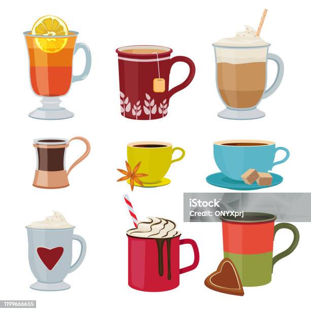 Warme Dranken Warme Mokken Thee Koffie Cacao Glühwein Vector Collectie Cartoon Fotos Stockvectorkunst en meer beelden van Chocolade