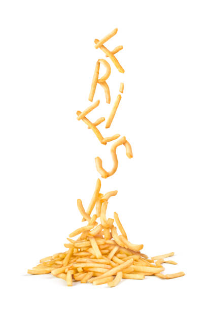 French fries flying letters in a white background