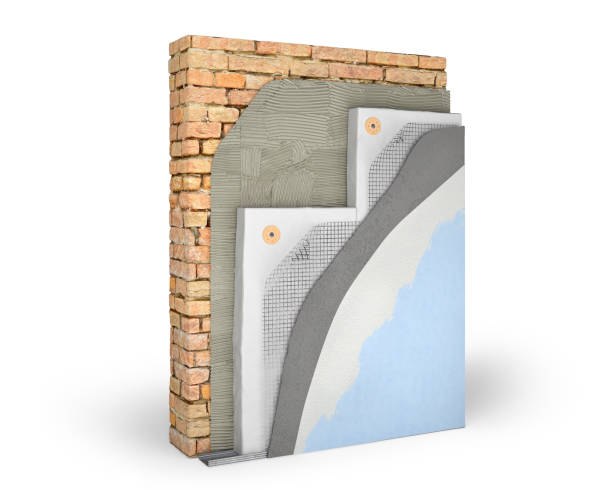 esquema en capas de aislamiento de pared exterior con espuma de poliestireno, ilustración 3d - wall anchor fotografías e imágenes de stock