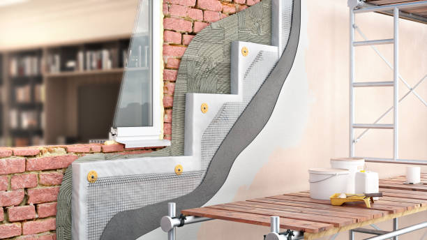 istock Exterior brickwall thermal insulation with scaffolding and interior view through window, 3d illustration 1199668049