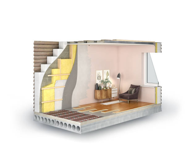 Layered scheme of walls, ceiling and floor components in interior, 3d illustration