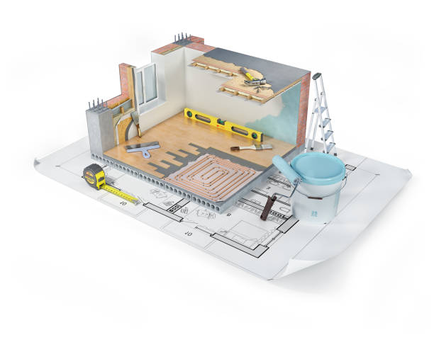 istock Repair concept, big building materials in interior, 3d illustration 1199668266