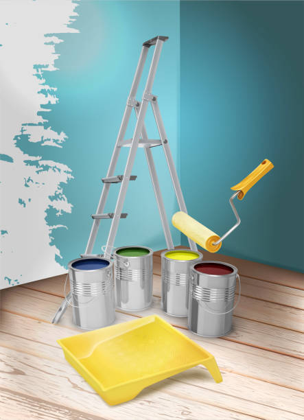 istock Room repair. Paint cans, tray, paint roller and stepladder. Vector illustration. 1199669700