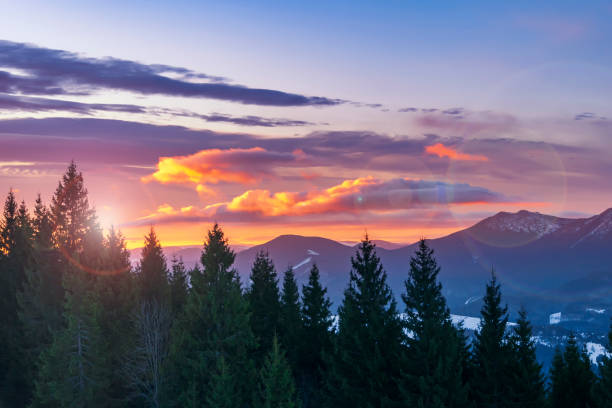 istock Pink sunset on a mountain top. Winter landscape in Carpathian mountains. 1199672016