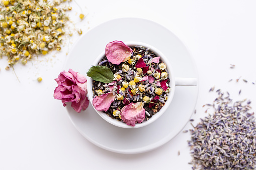 Herbal tea, white background, still life