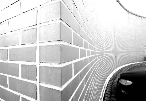 Monochrome, super wide-angle lens, exposed wall in b/w, clinker bricks, clinker bricks, clinker wall in b/w,