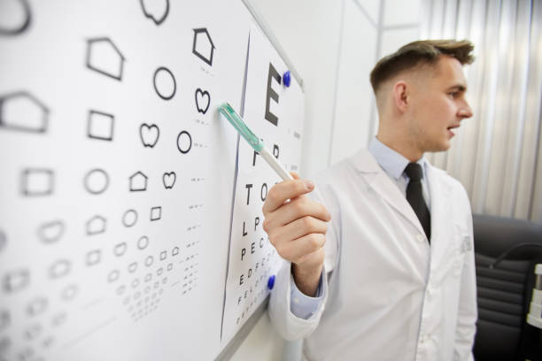 istock Ophthalmologist Pointing at Eye Chart Background 1199676294