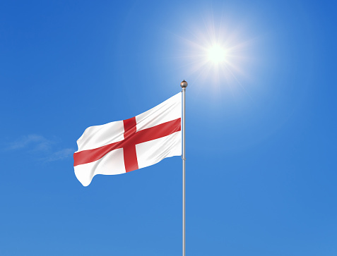 3D illustration. Colored waving flag of England on sunny blue sky background.