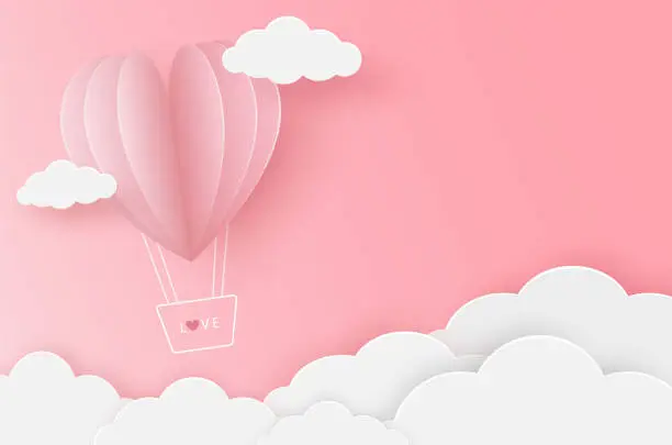 Vector illustration of Paper heart balloon flying on the pink sky