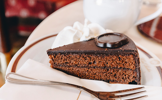 Slice of The famous Austrian chocolate cake Sachertorte milk chocolate covered with apricot jam and whipped cream ob white plate ready for eat.