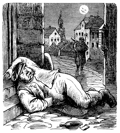 Illustration of a adult man lies on the street drunk
