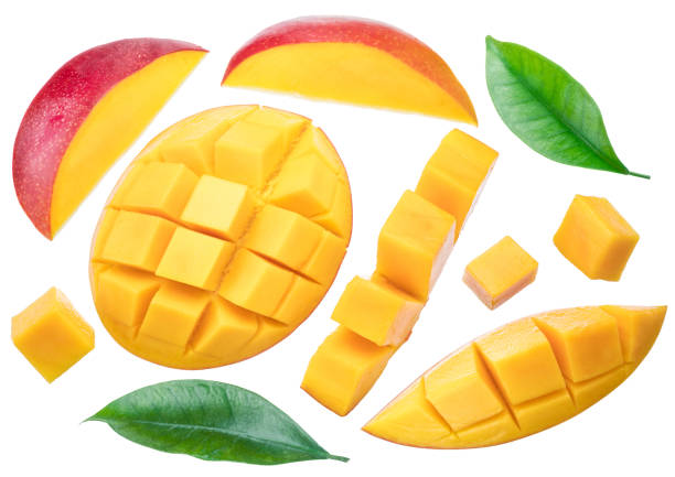 istock Set of mango slices, mango cubes and leaves. Isolated on a white background. File contains clipping path. 1199683311