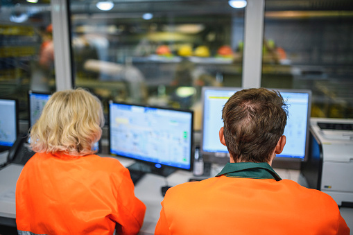 Mid adult male and mature female coworkers conversing as they monitor computer readings inside recycling facility.