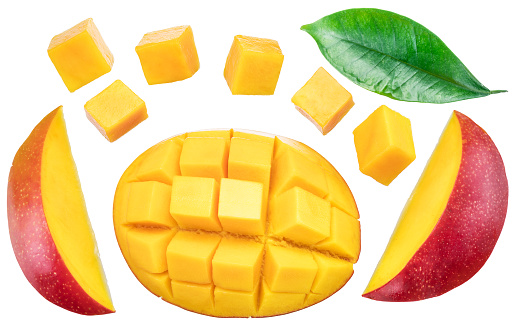 Set of mango cubes and mango slices isolated on a white background. File contains clipping path.