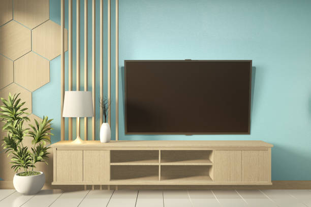 istock Tv shelf in mint room modern tropical style - empty room interior - minimal design. 3d rendering 1199685004