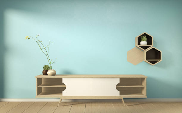 istock Tv shelf in mint room modern tropical style - empty room interior - minimal design. 3d rendering 1199685009
