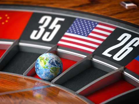 Earth as a ball of casino roulette with american USA flag in winning number. Time of world leadership of USA and winning in world trade war concept, 3d illustration