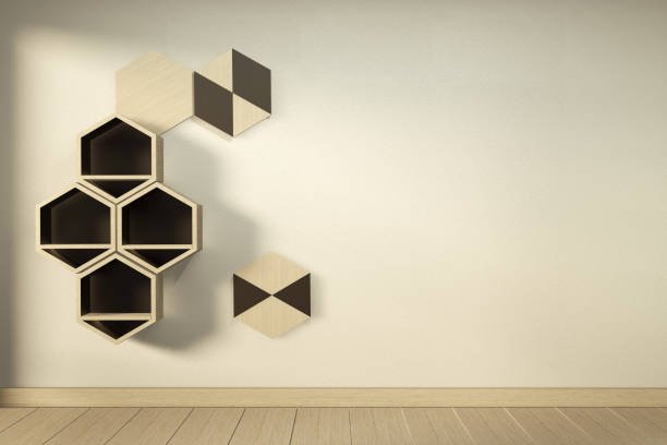 istock Hexagon wooden shelf japanese design on wall.3D rendering 1199685130