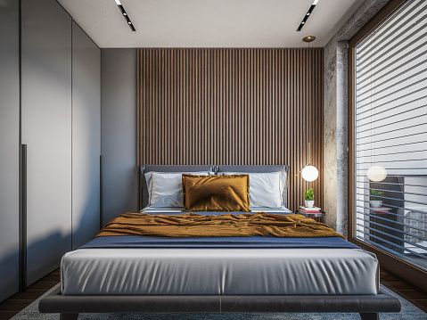 Computer generated image of bed room. Architectural Visualization. 3D rendering.