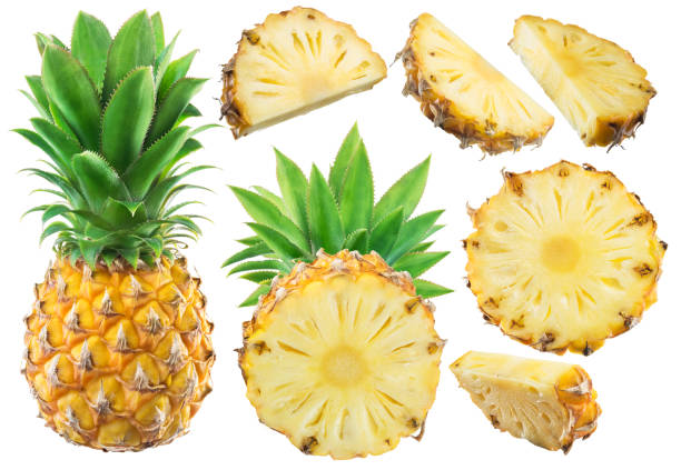 istock Collection of pineapple and different pineapple fruit slices on white background. 1199686077